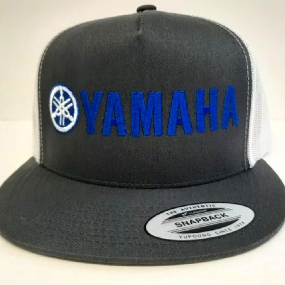 Yamaha Embroidered Trucker Flat Bill Mesh Snapback Cap Hat Gray & White